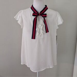 Story On Womens Nautical Top LARGE‎ Preppy Coastal Boating Sailor Bow Ruffle